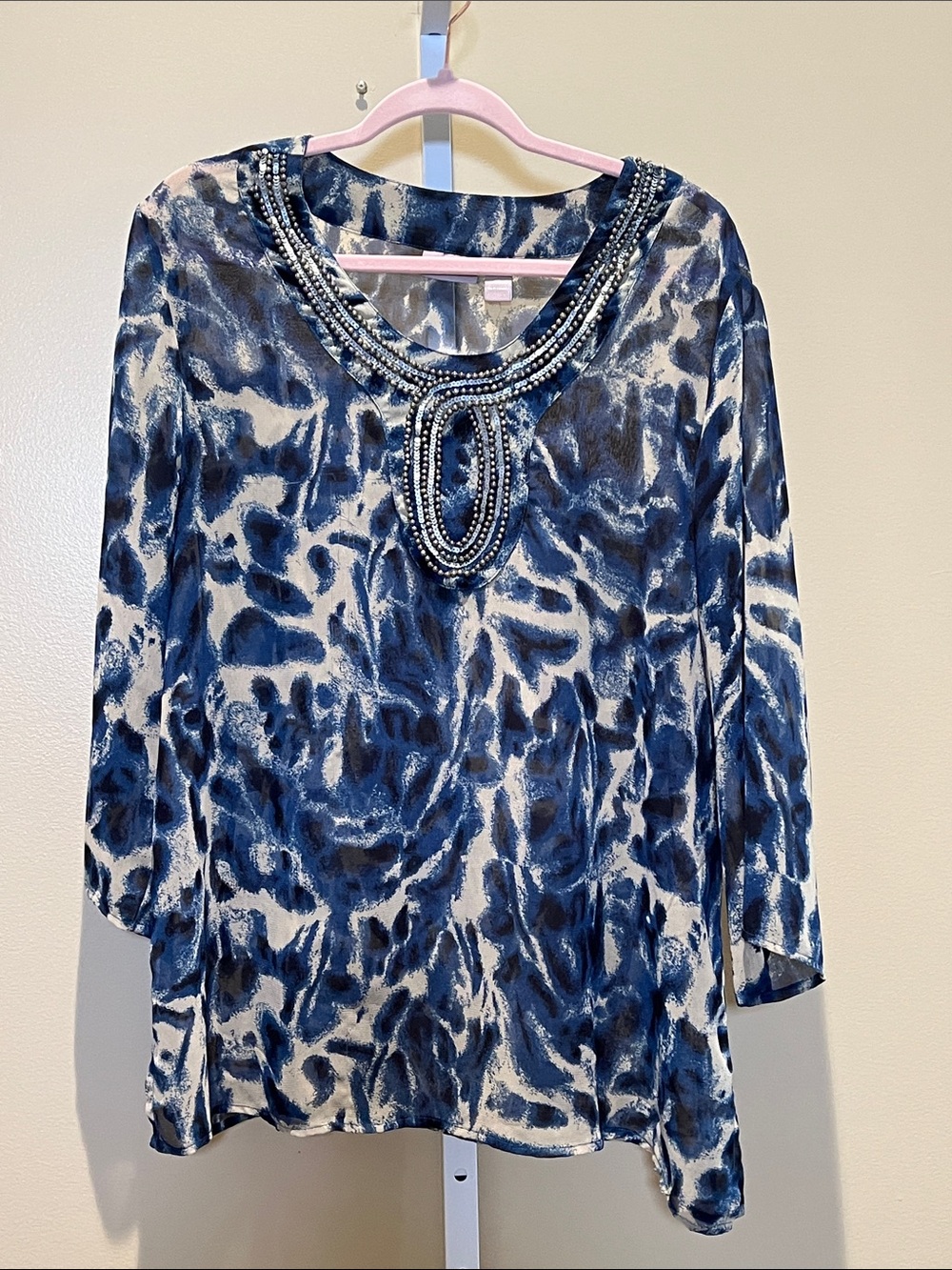 Chico's Blue and White Beaded-Neck Long Sleeve Top